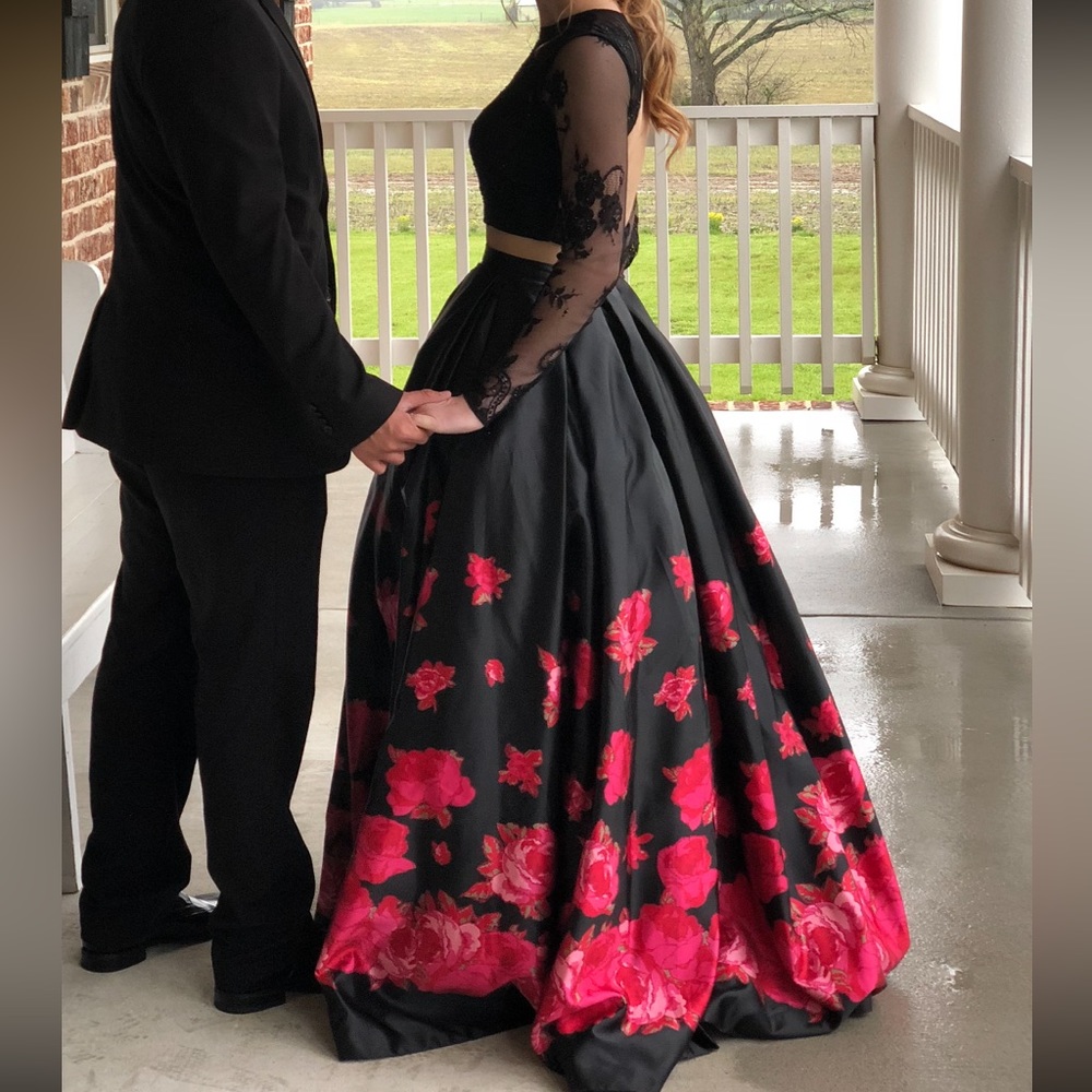 Sherri Hill Floral, Black and White, 2 Piece Prom Dress